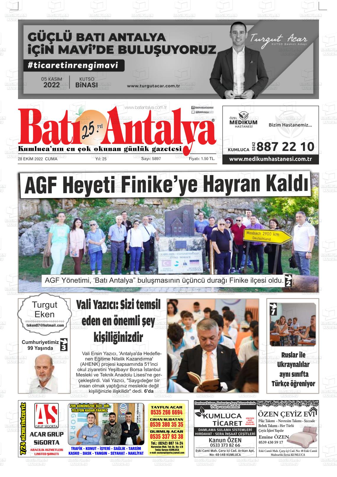 28 Ekim 2022 Batı Antalya Gazete Manşeti