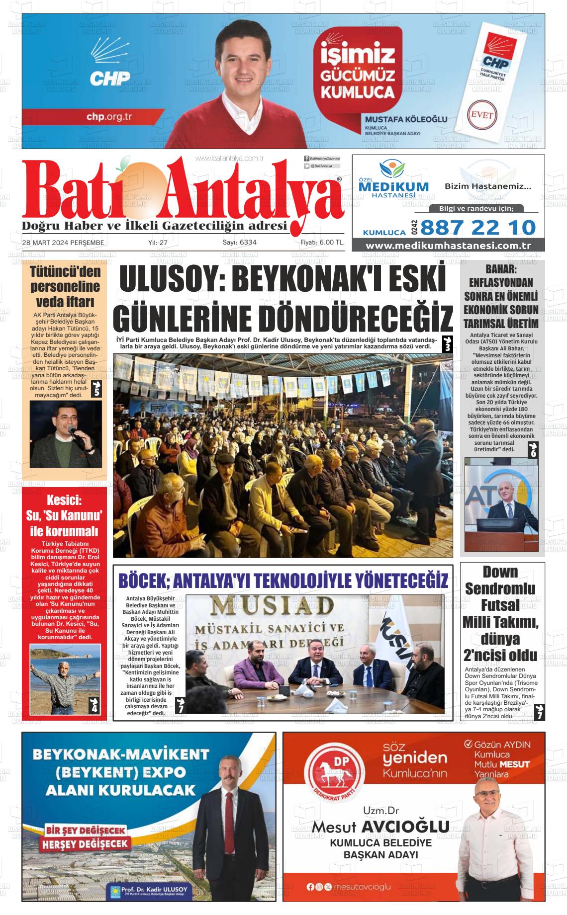 28 Mart 2024 Batı Antalya Gazete Manşeti