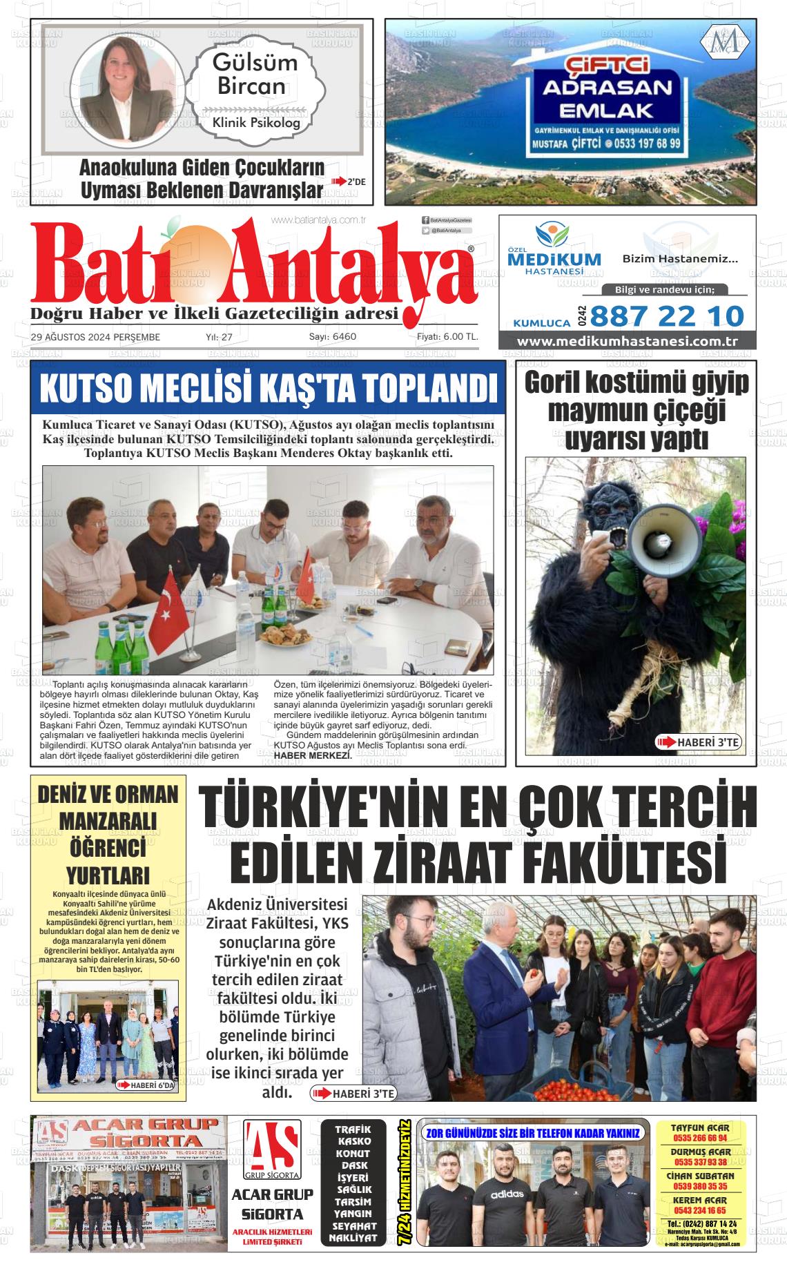 29 Ağustos 2024 Batı Antalya Gazete Manşeti