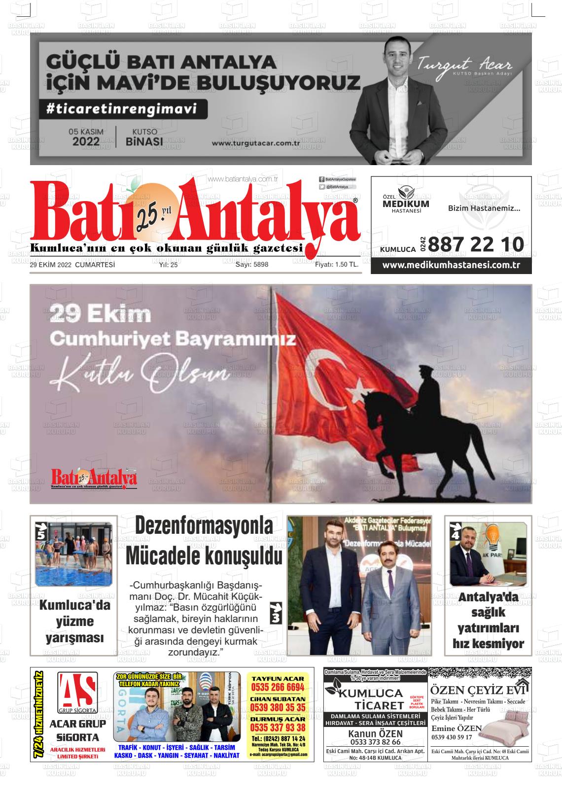 29 Ekim 2022 Batı Antalya Gazete Manşeti