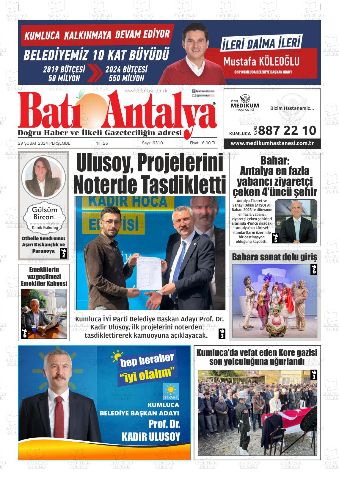 29 Şubat 2024 Batı Antalya Gazete Manşeti