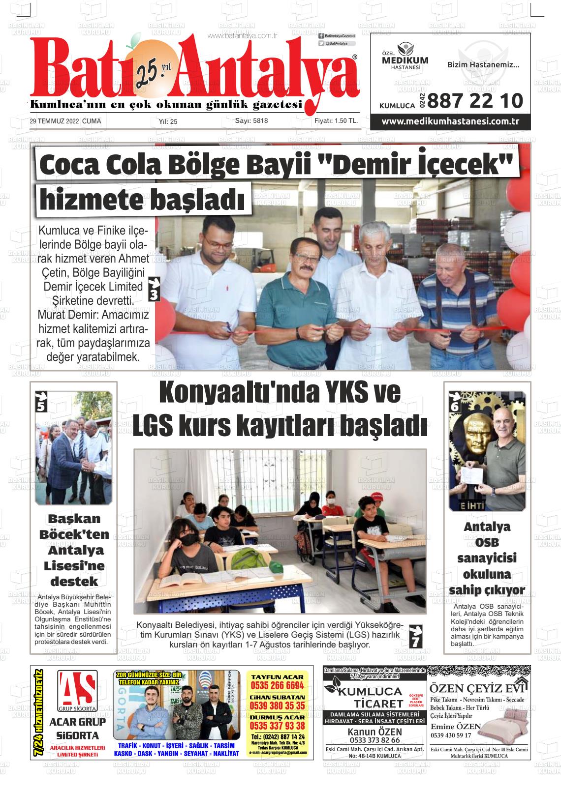 29 Temmuz 2022 Batı Antalya Gazete Manşeti