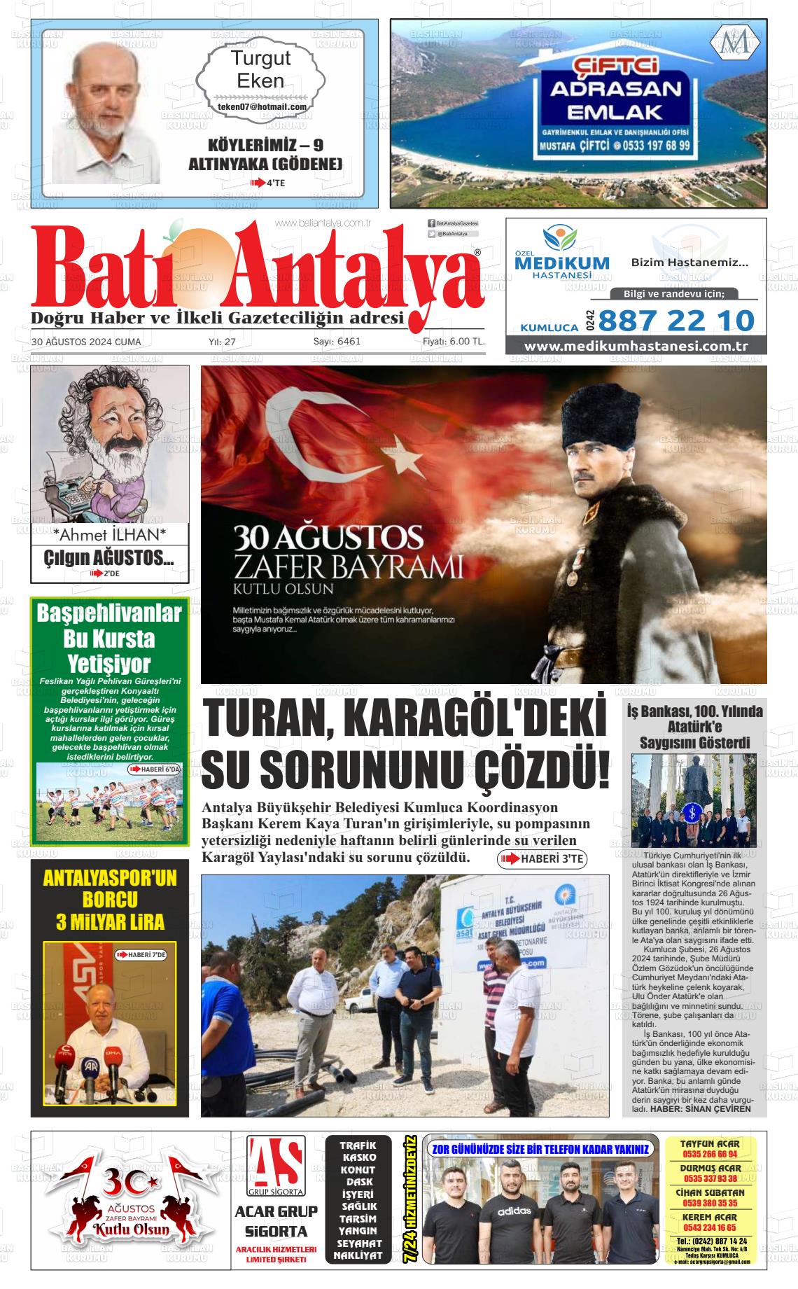 30 Ağustos 2024 Batı Antalya Gazete Manşeti