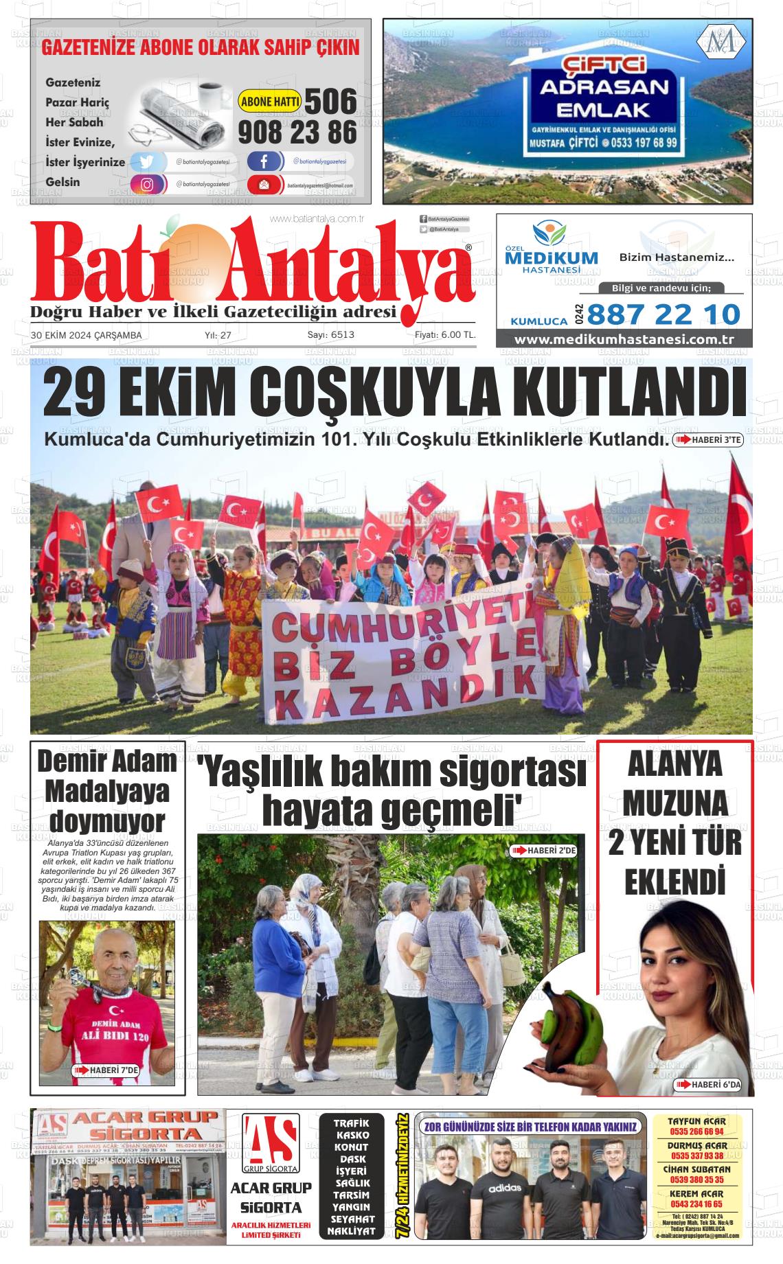 30 Ekim 2024 Batı Antalya Gazete Manşeti