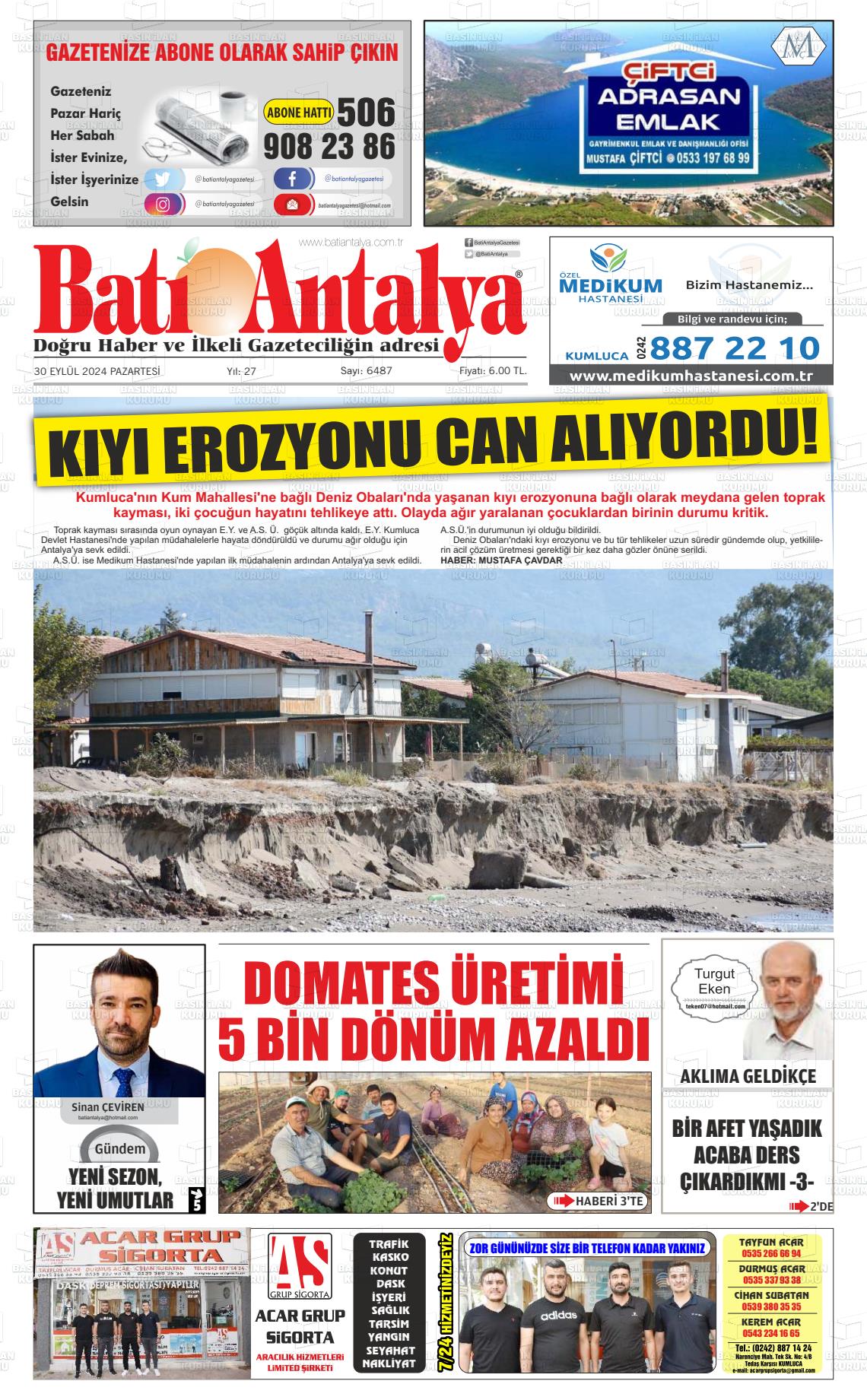 30 Eylül 2024 Batı Antalya Gazete Manşeti