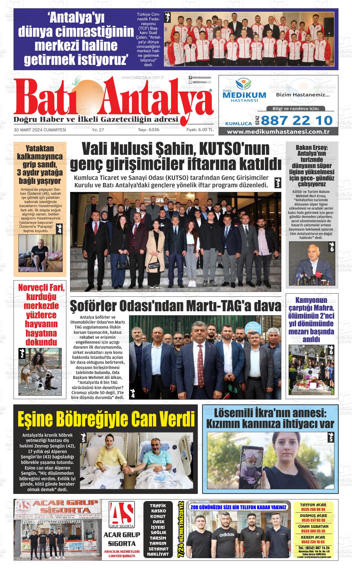 30 Mart 2024 Batı Antalya Gazete Manşeti