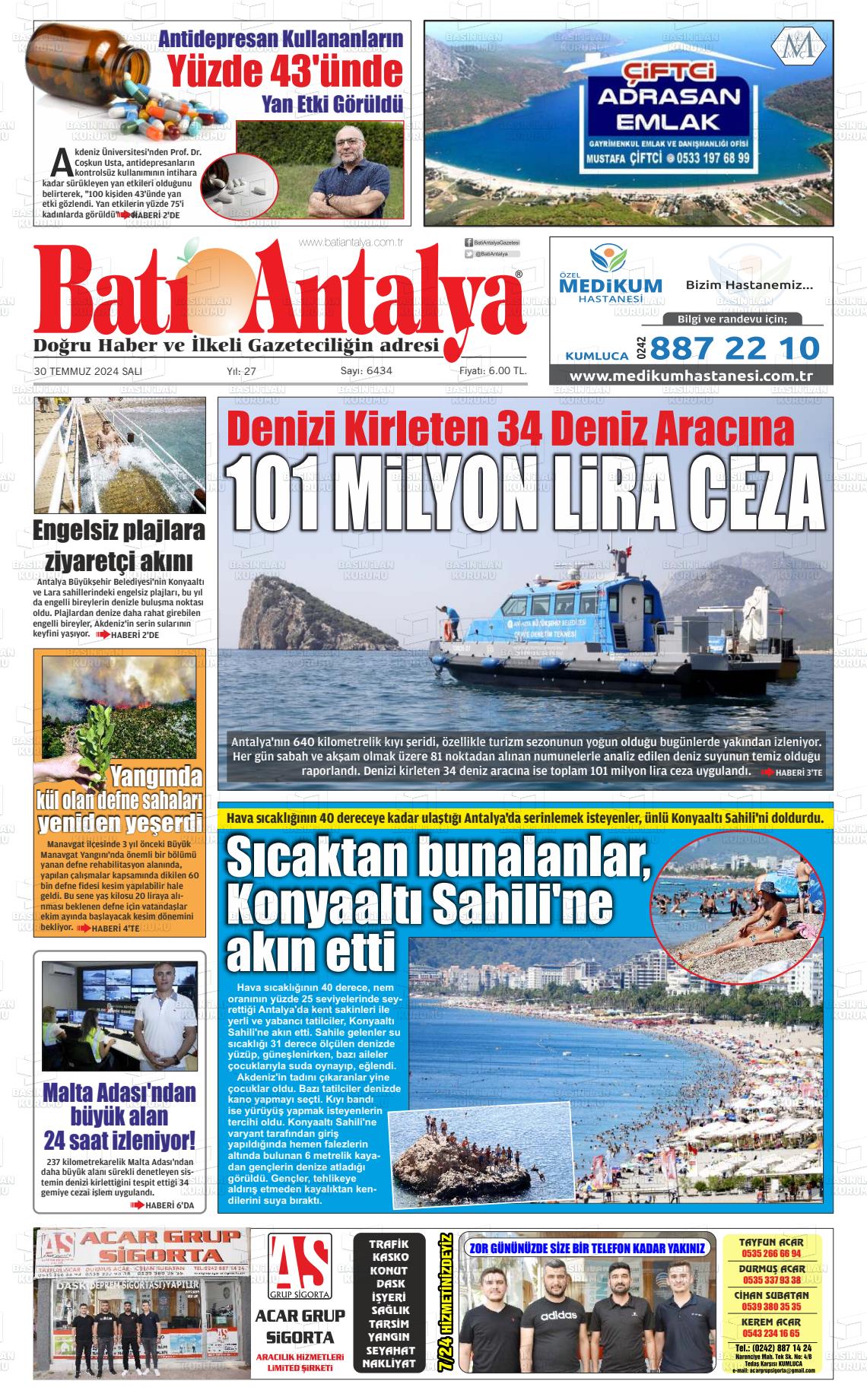 30 Temmuz 2024 Batı Antalya Gazete Manşeti