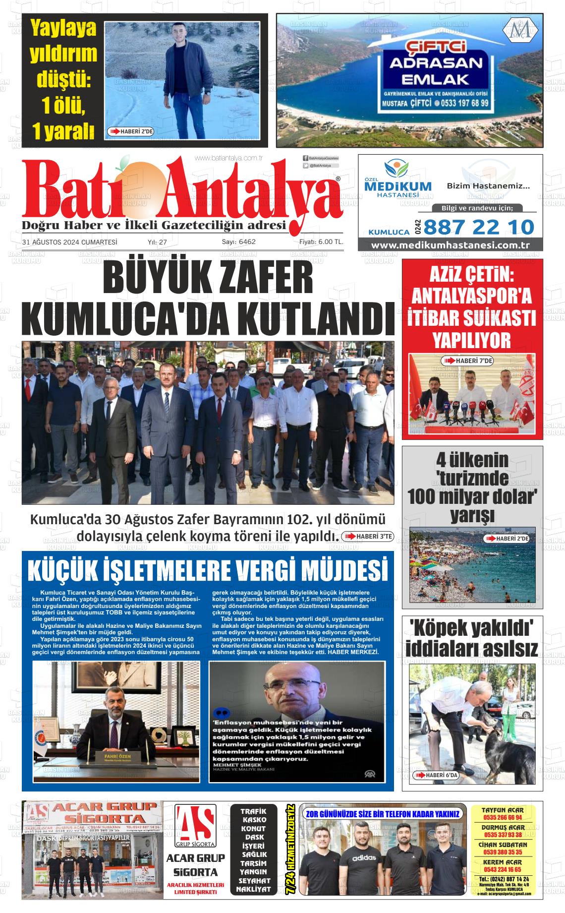 31 Ağustos 2024 Batı Antalya Gazete Manşeti