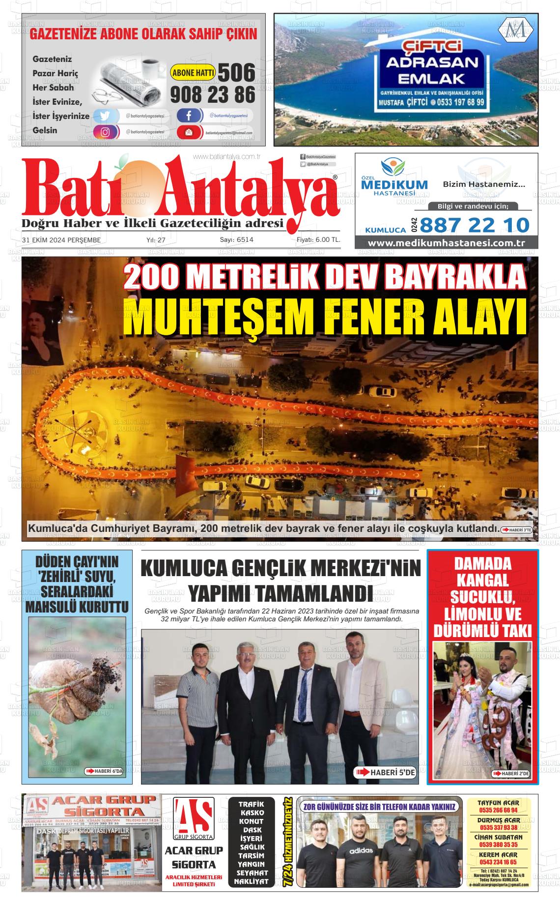 31 Ekim 2024 Batı Antalya Gazete Manşeti