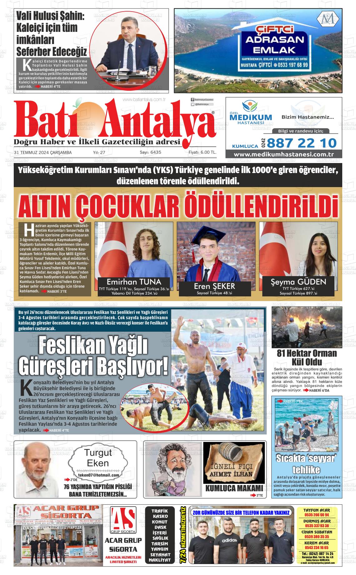 31 Temmuz 2024 Batı Antalya Gazete Manşeti