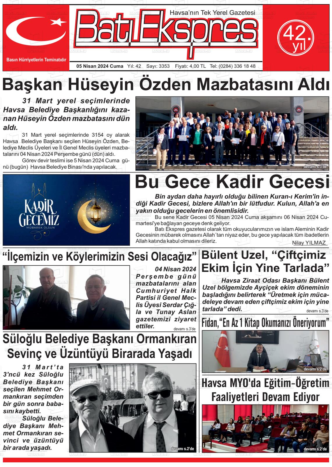 05 Nisan 2024 Batı Ekspres Gazete Manşeti