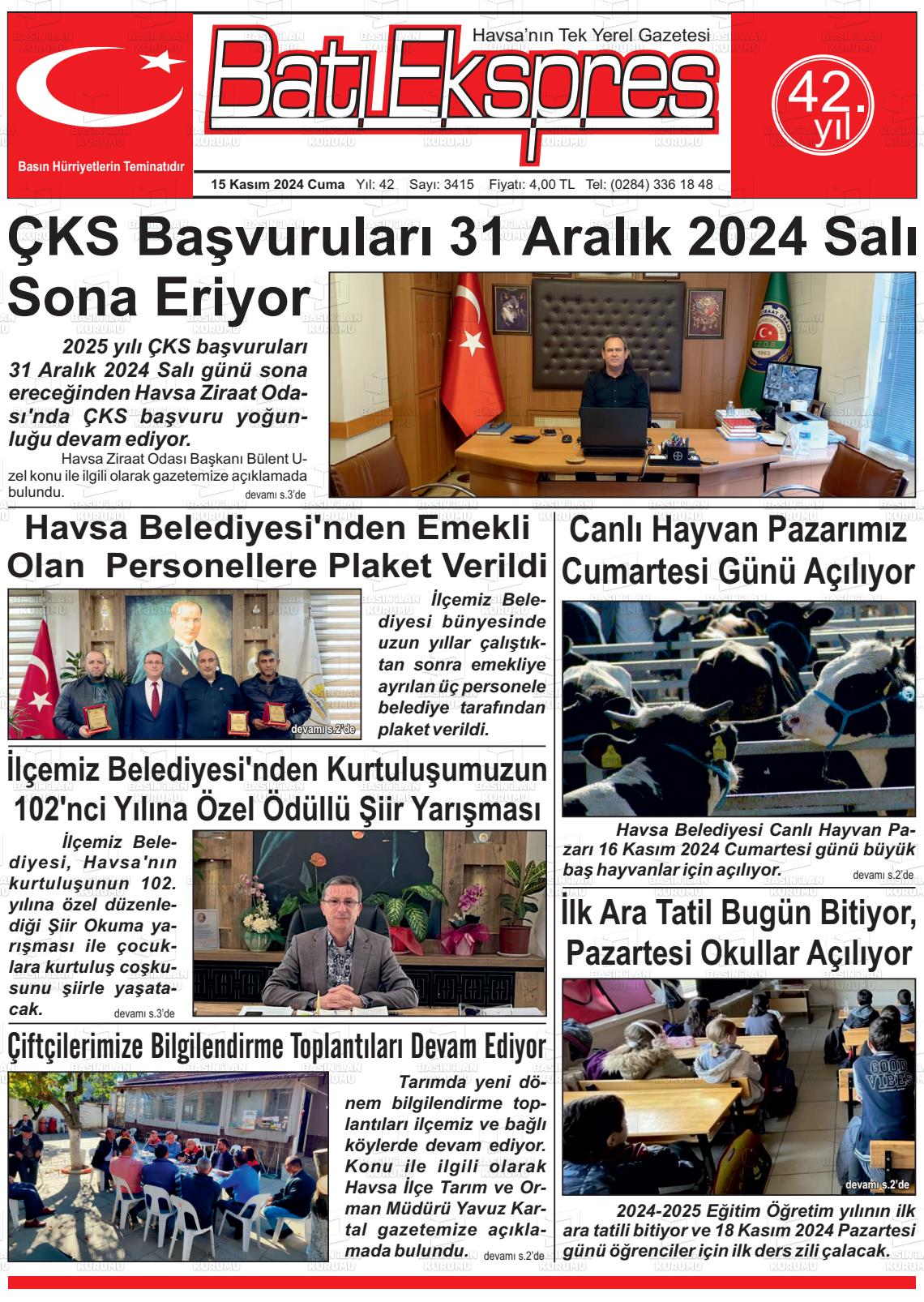 15 Kasım 2024 Batı Ekspres Gazete Manşeti