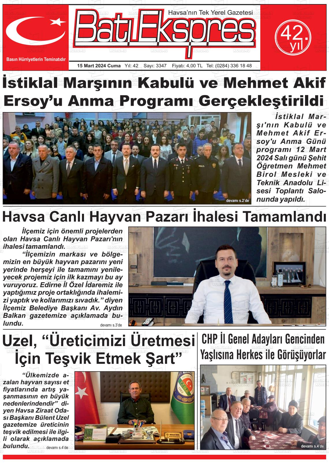 15 Mart 2024 Batı Ekspres Gazete Manşeti