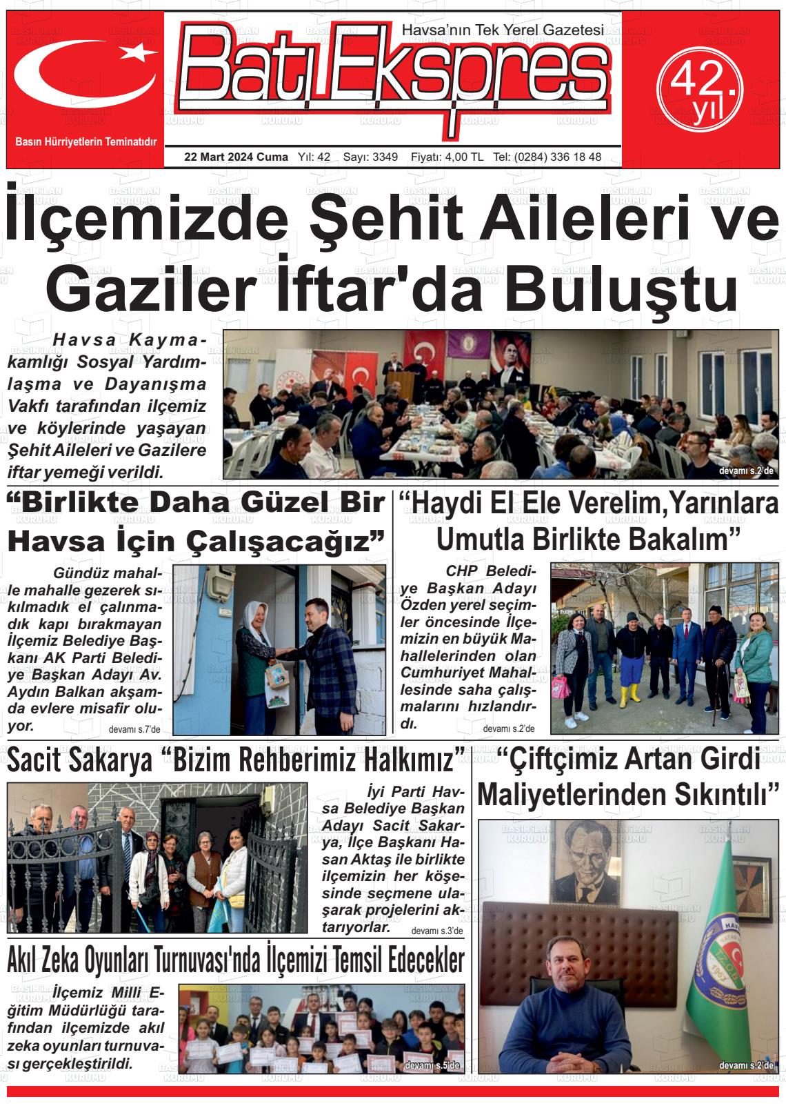 22 Mart 2024 Batı Ekspres Gazete Manşeti