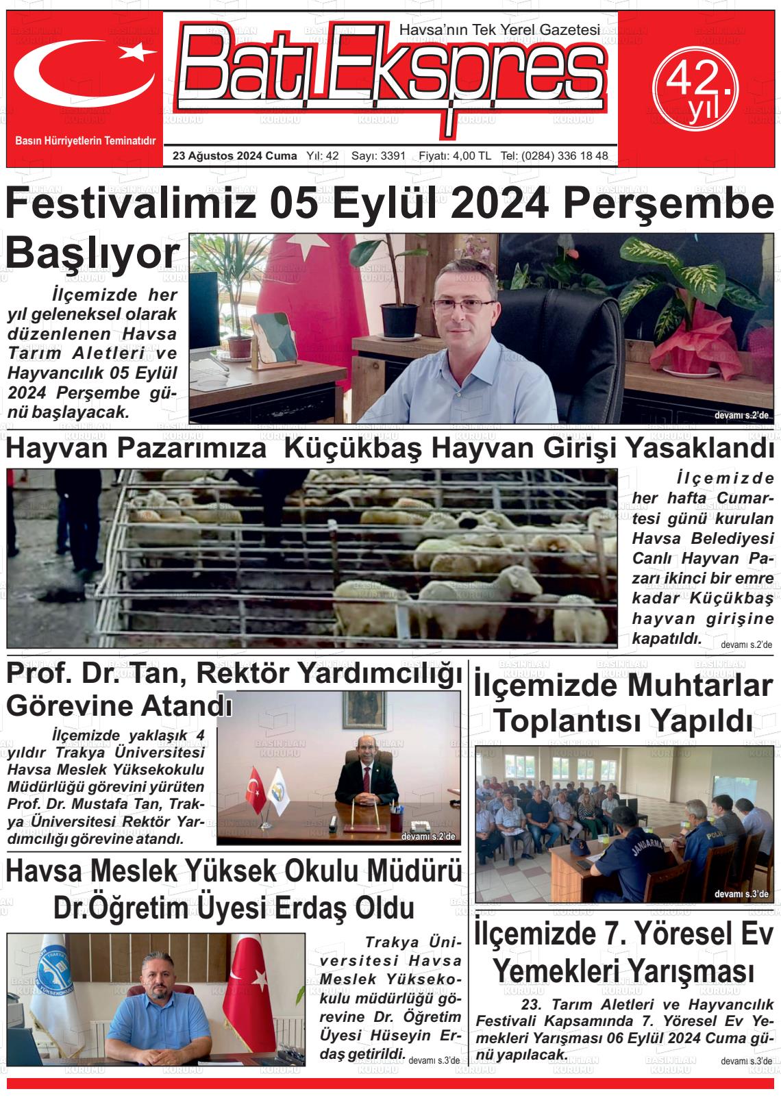 23 Ağustos 2024 Batı Ekspres Gazete Manşeti