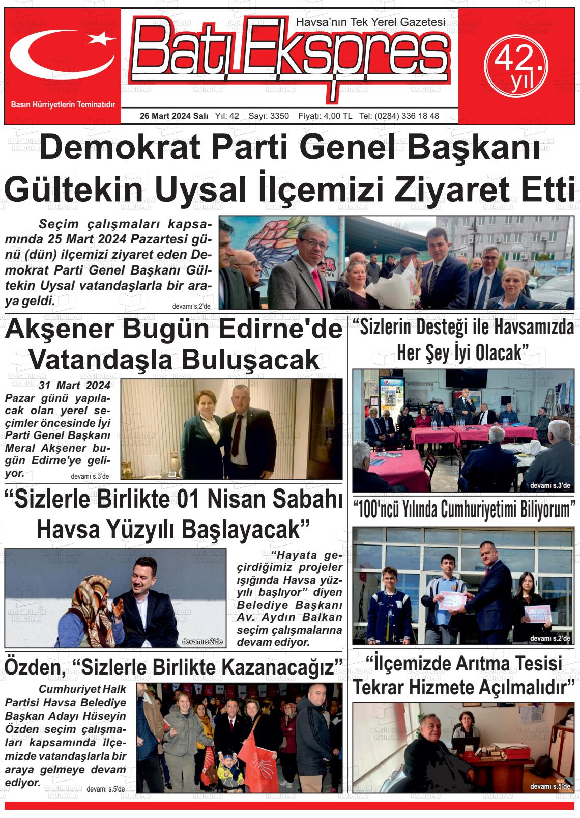 26 Mart 2024 Batı Ekspres Gazete Manşeti