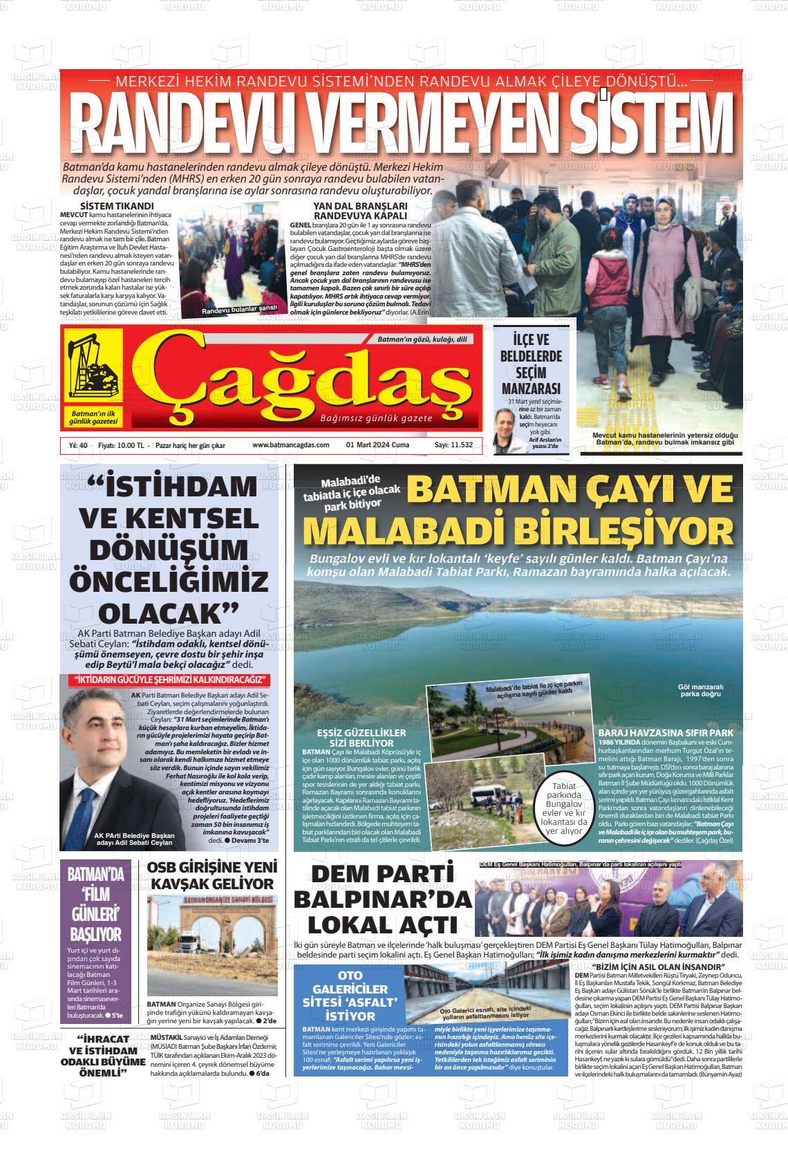 01 Mart 2024 Batman Çağdaş Gazete Manşeti