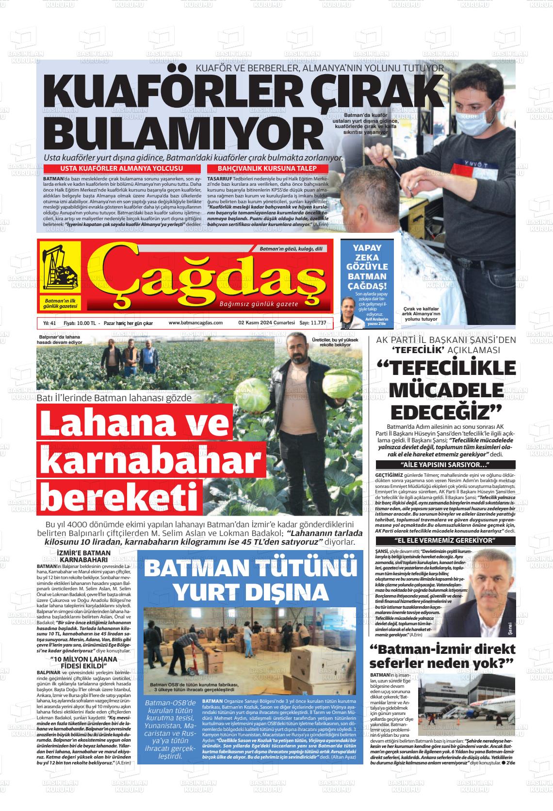 02 Kasım 2024 Batman Çağdaş Gazete Manşeti