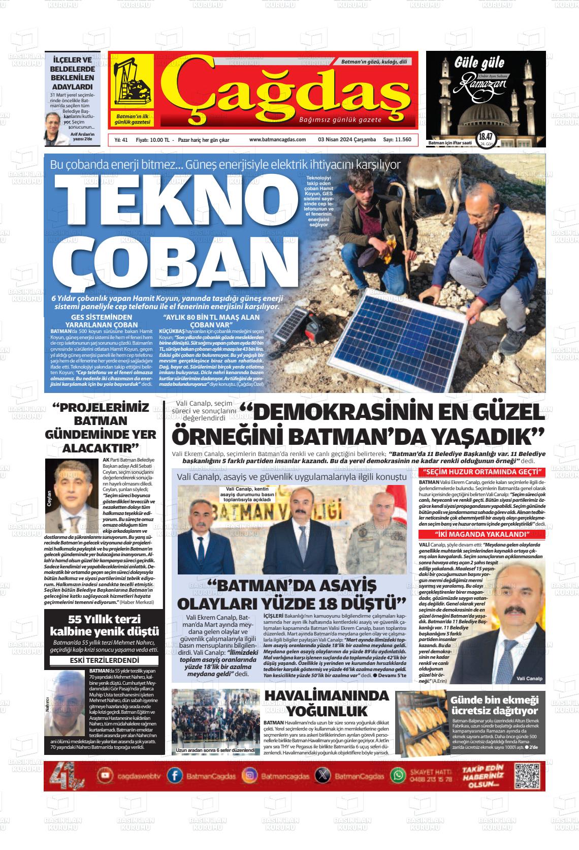 03 Nisan 2024 Batman Çağdaş Gazete Manşeti