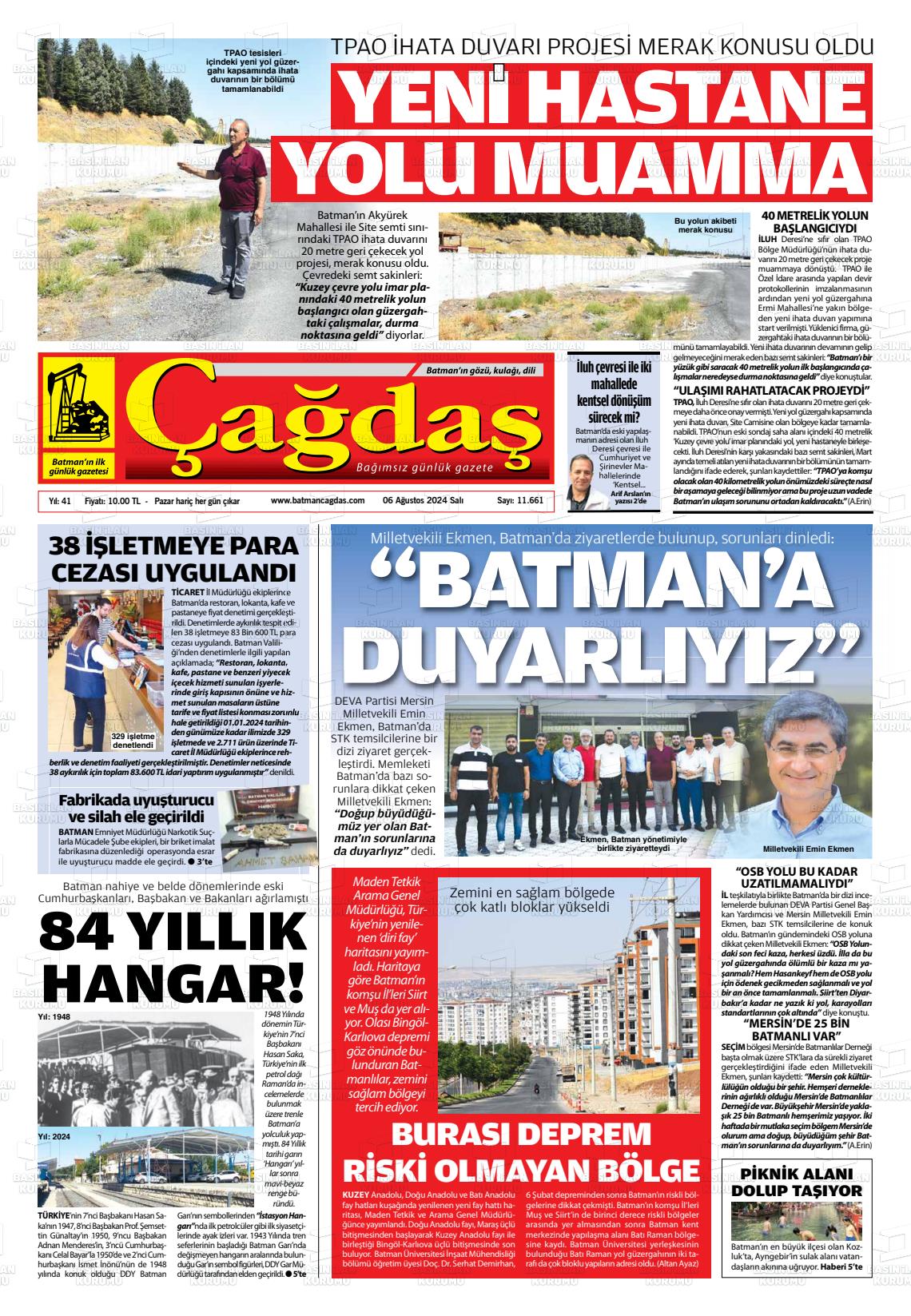 06 Ağustos 2024 Batman Çağdaş Gazete Manşeti