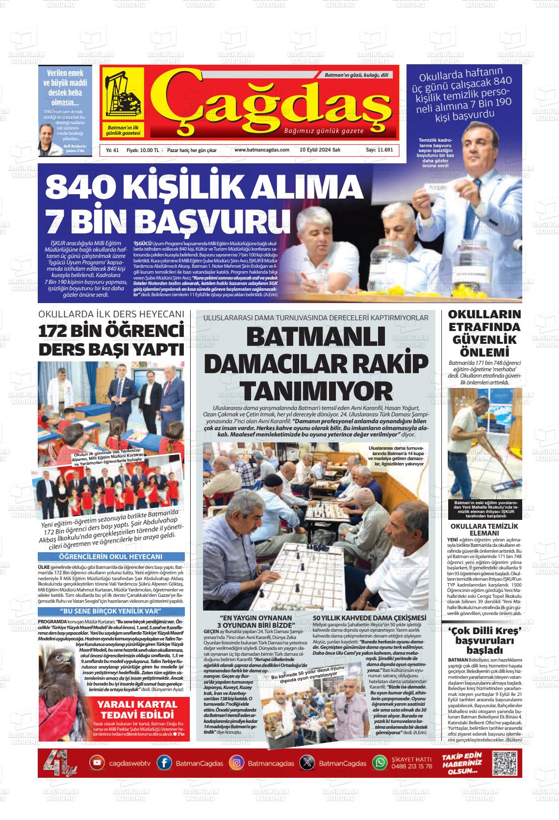 10 Eylül 2024 Batman Çağdaş Gazete Manşeti