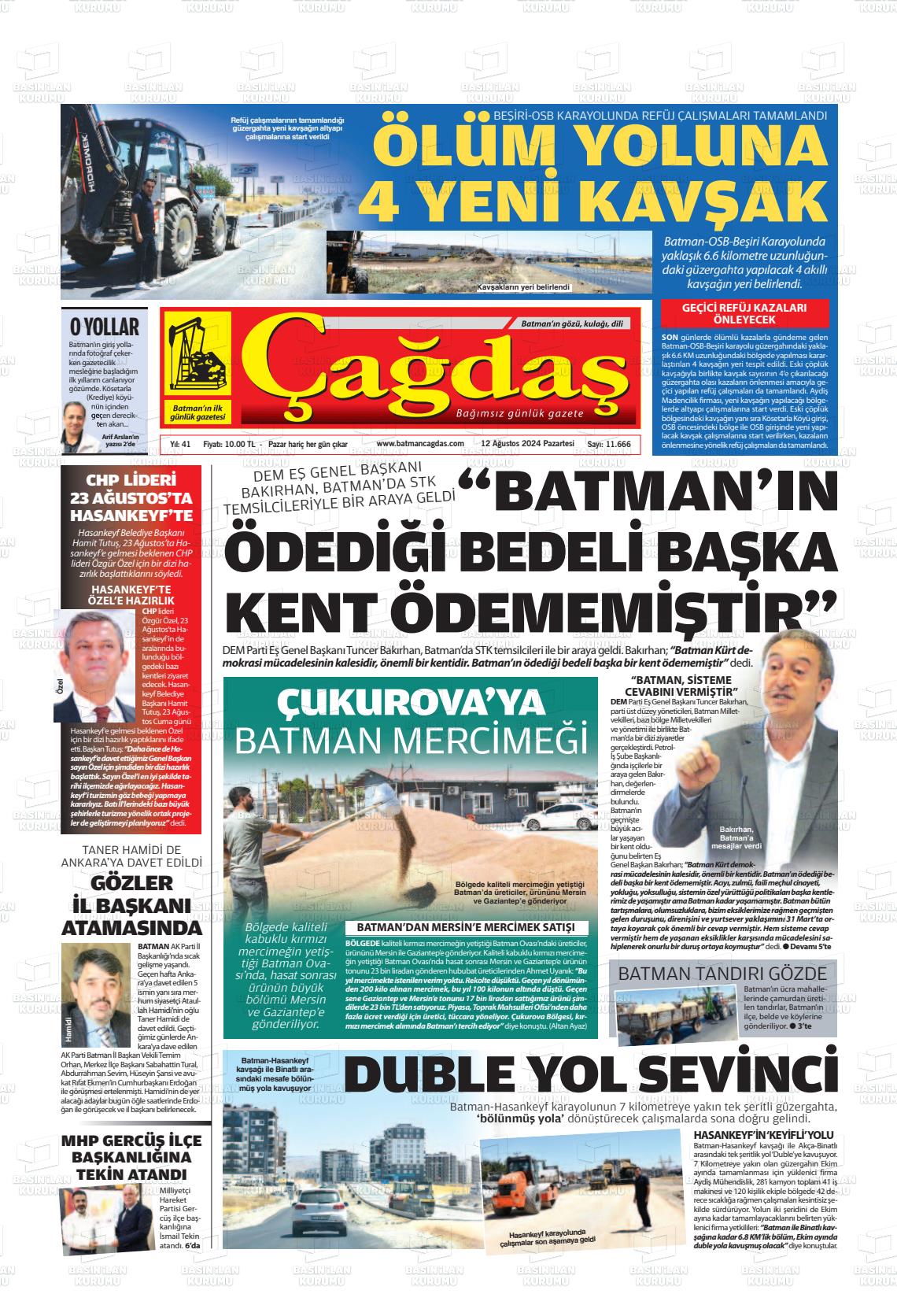 12 Ağustos 2024 Batman Çağdaş Gazete Manşeti