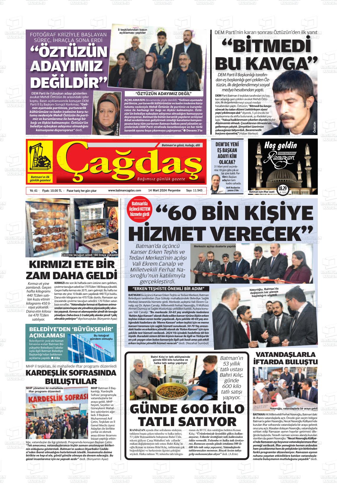 14 Mart 2024 Batman Çağdaş Gazete Manşeti