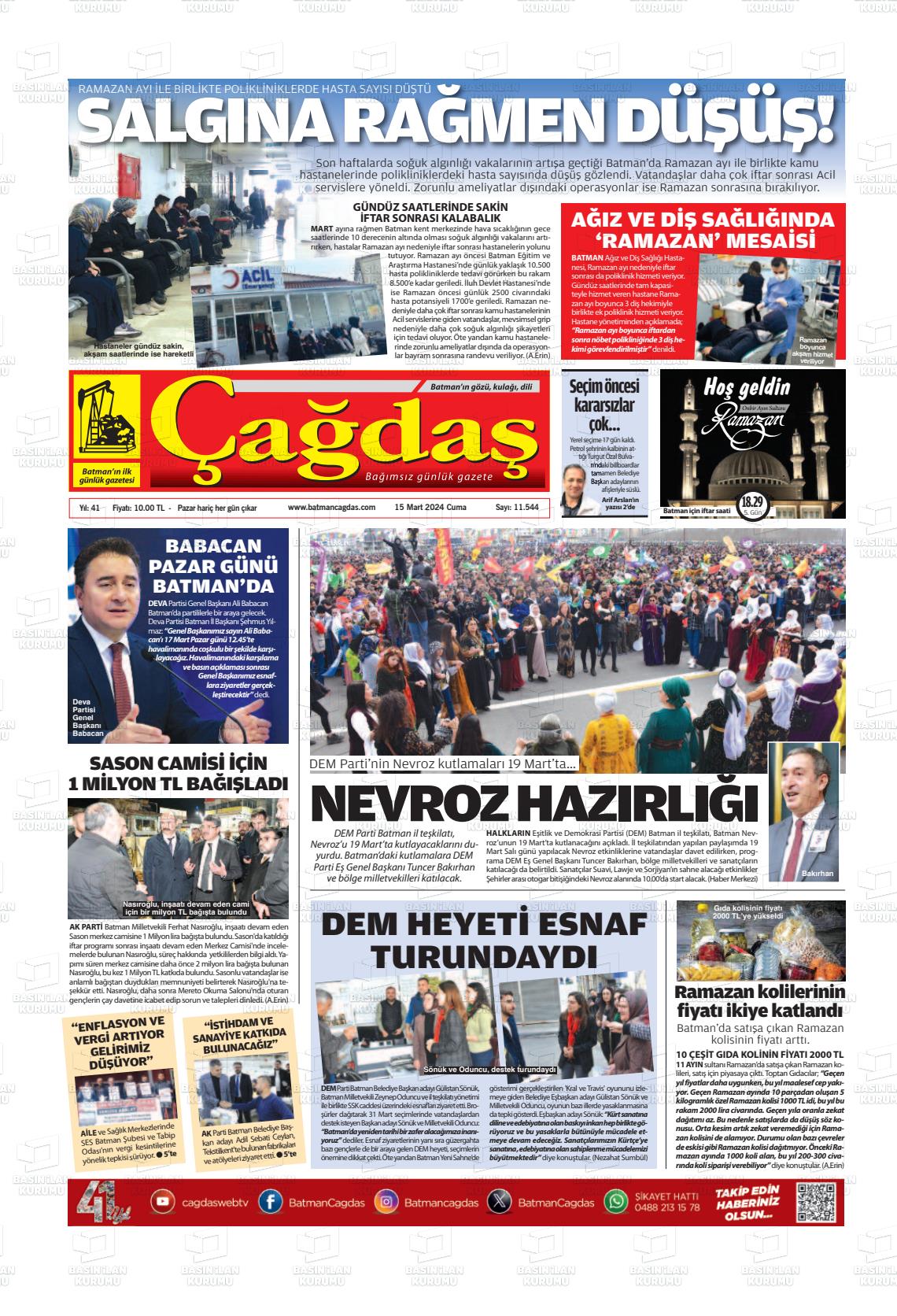 15 Mart 2024 Batman Çağdaş Gazete Manşeti