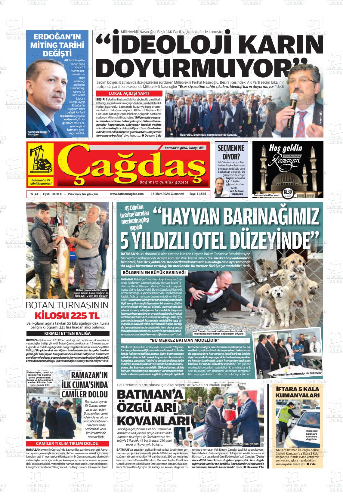 16 Mart 2024 Batman Çağdaş Gazete Manşeti