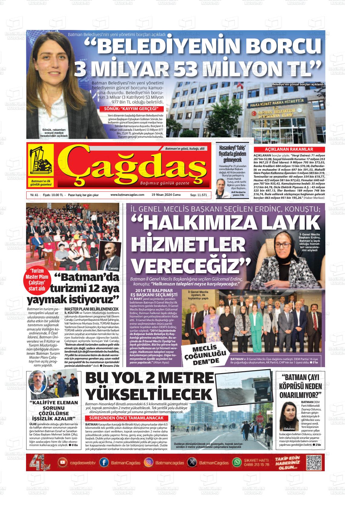 19 Nisan 2024 Batman Çağdaş Gazete Manşeti