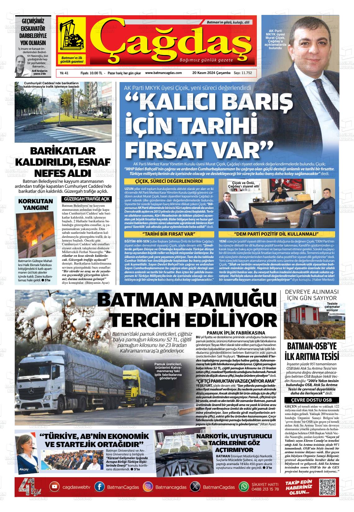 20 Kasım 2024 Batman Çağdaş Gazete Manşeti