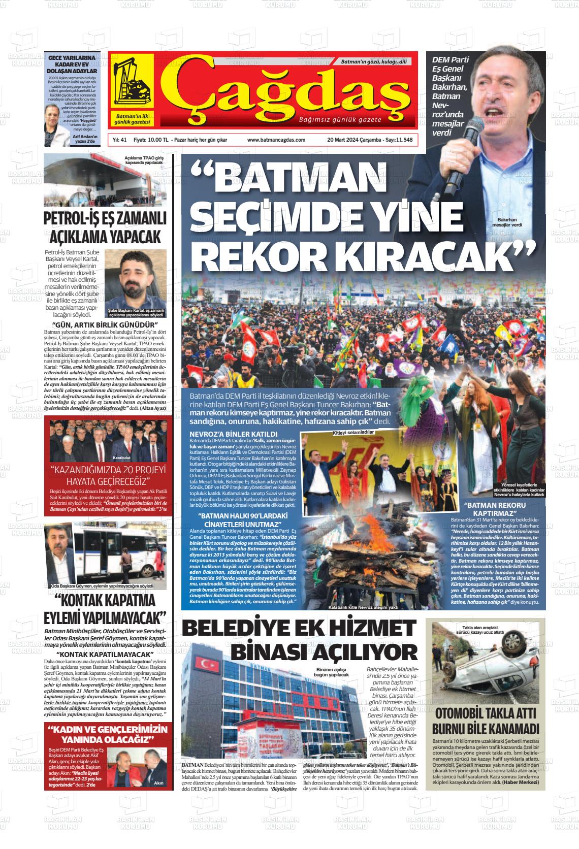 20 Mart 2024 Batman Çağdaş Gazete Manşeti