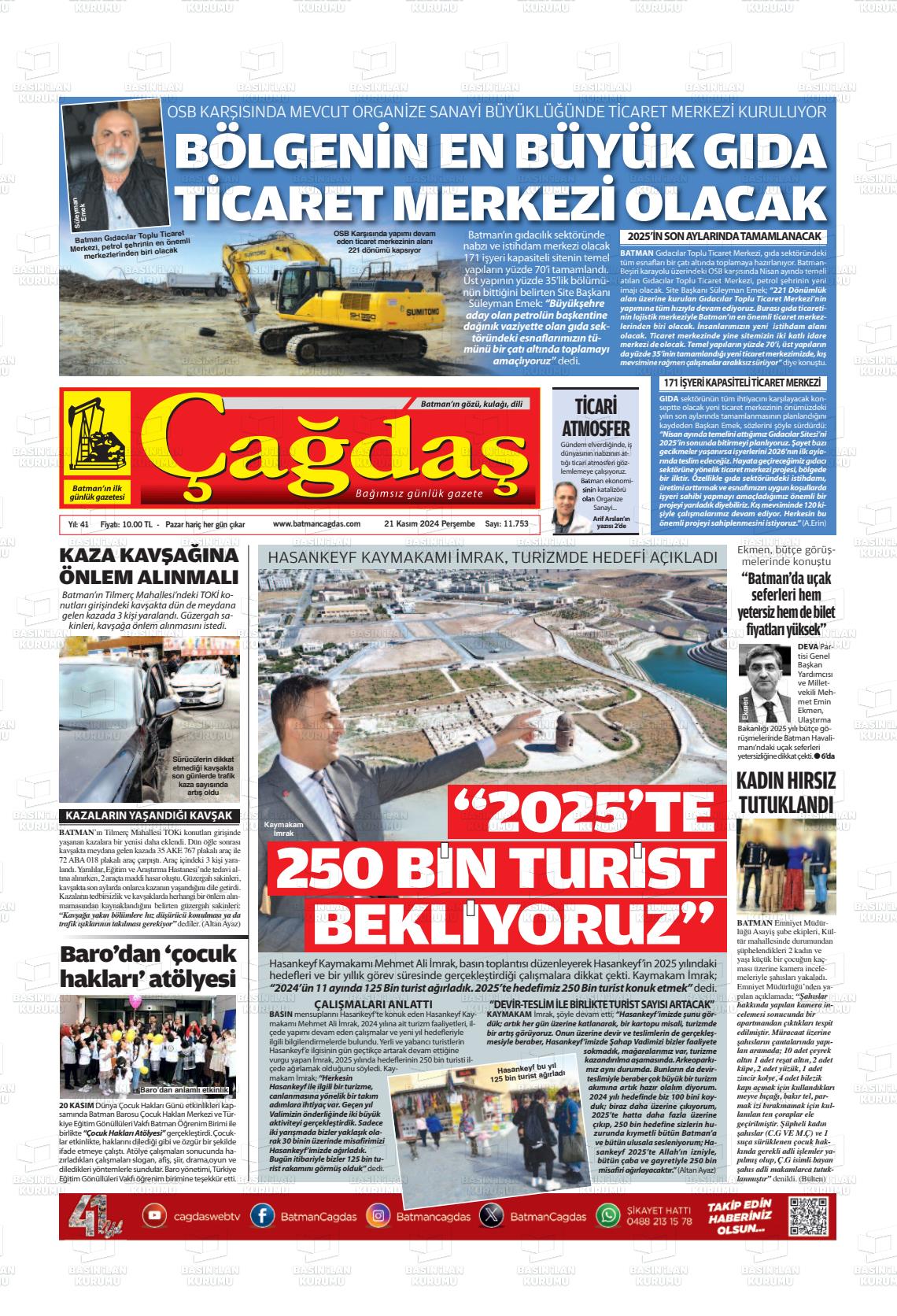 21 Kasım 2024 Batman Çağdaş Gazete Manşeti