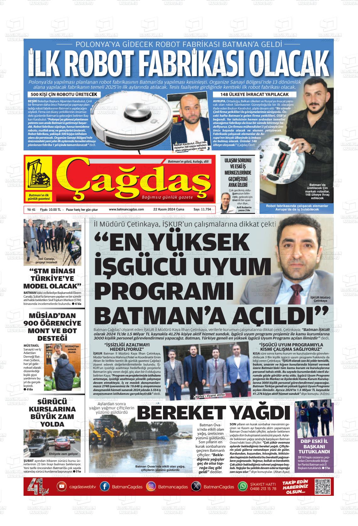 22 Kasım 2024 Batman Çağdaş Gazete Manşeti