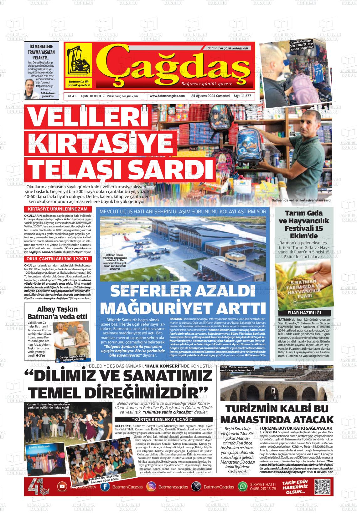 24 Ağustos 2024 Batman Çağdaş Gazete Manşeti