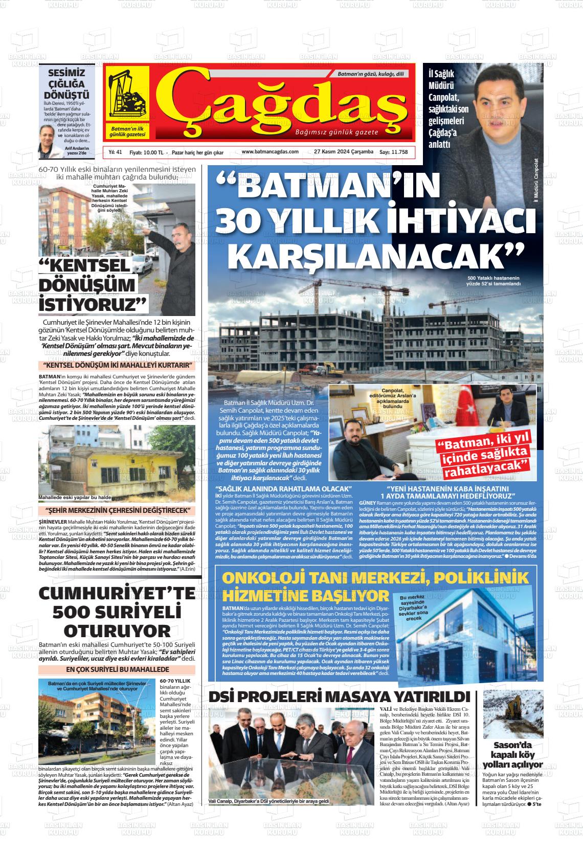 27 Kasım 2024 Batman Çağdaş Gazete Manşeti