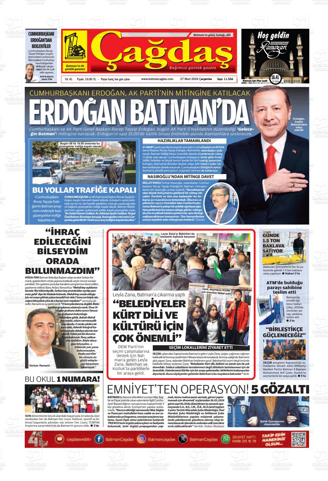 27 Mart 2024 Batman Çağdaş Gazete Manşeti