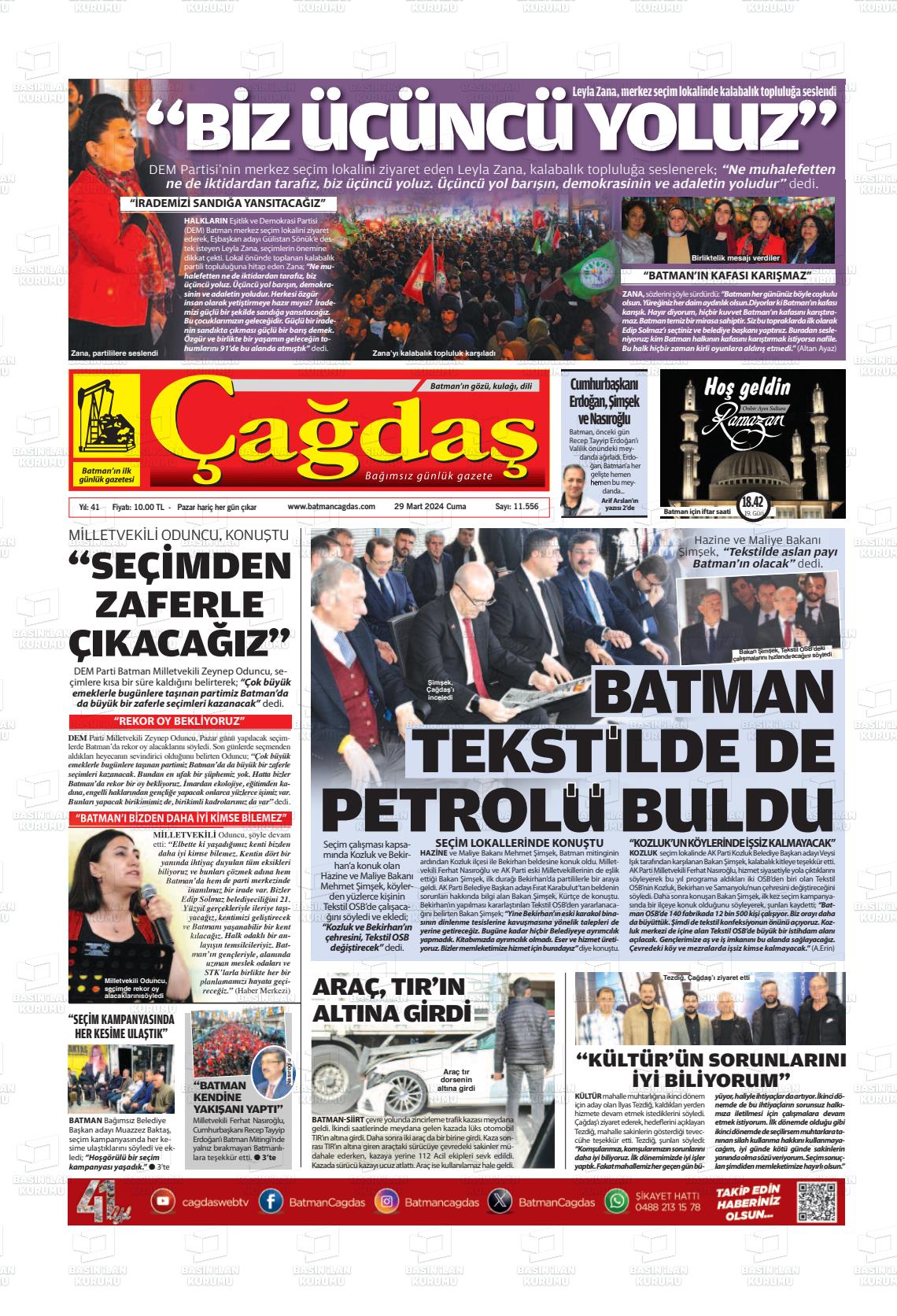 29 Mart 2024 Batman Çağdaş Gazete Manşeti