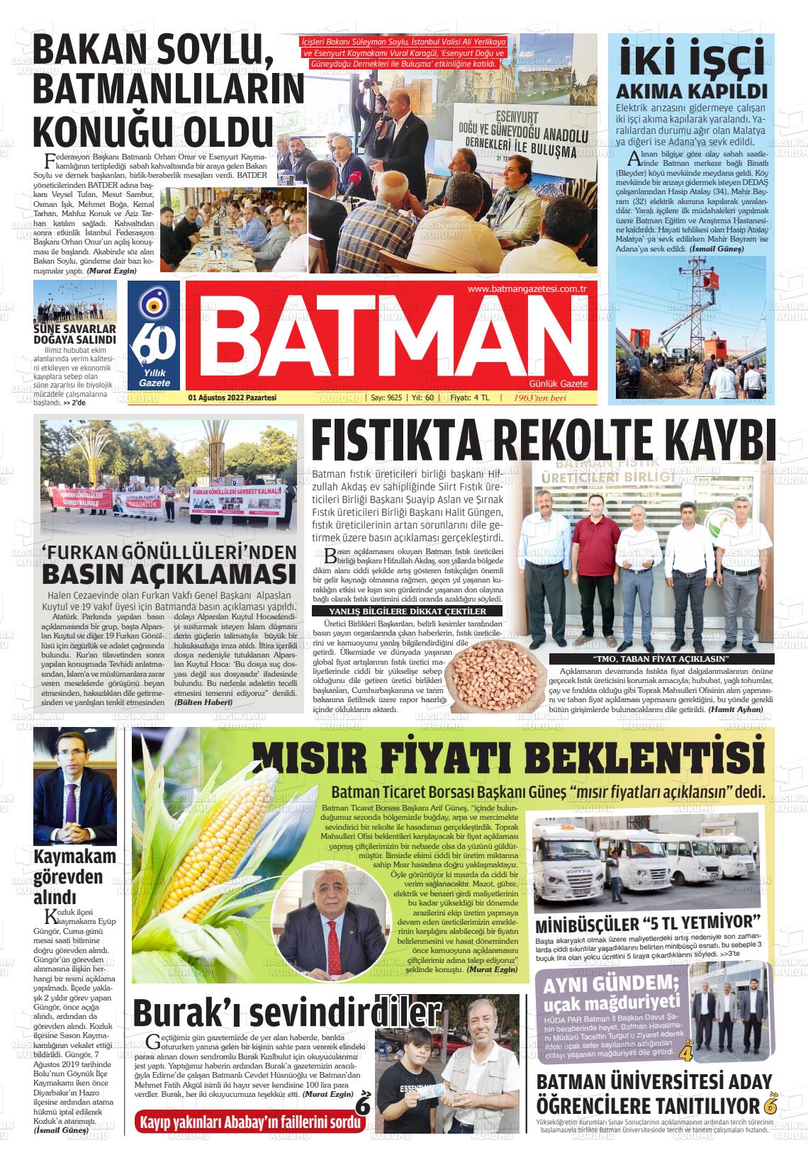 01 Ağustos 2022 BATMAN GAZETESİ Gazete Manşeti