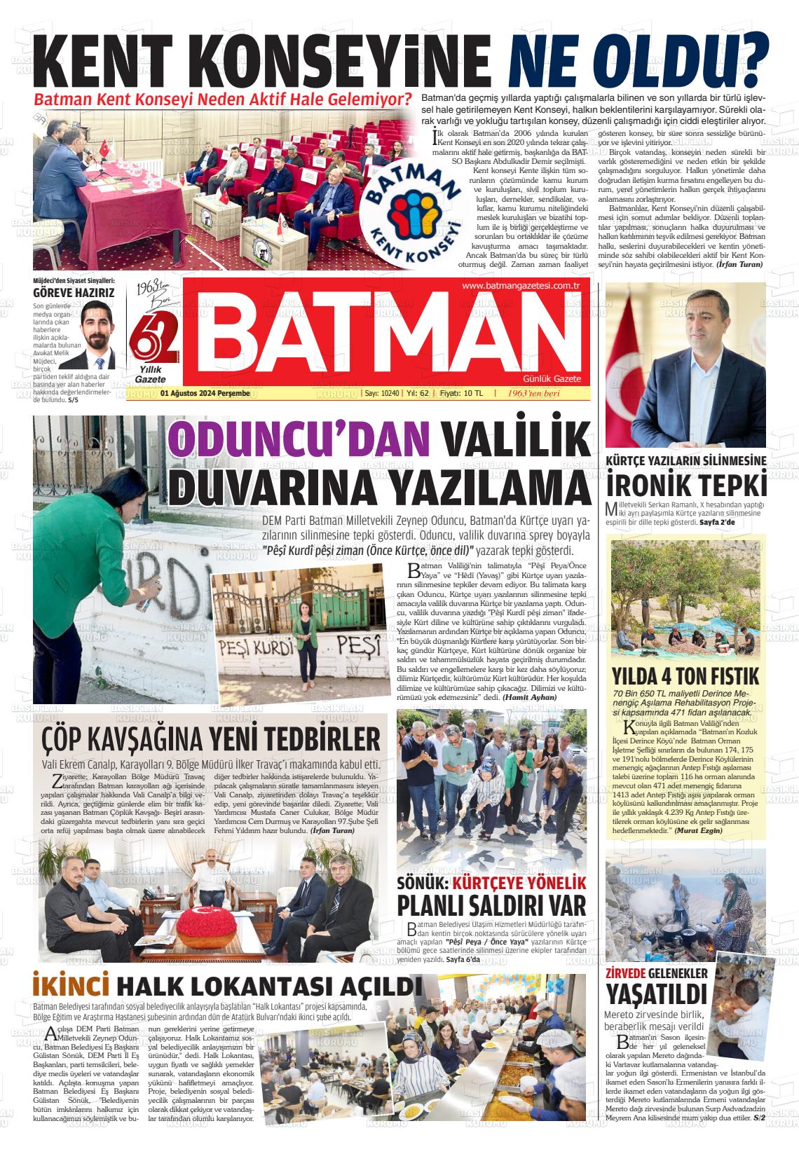 01 Ağustos 2024 BATMAN GAZETESİ Gazete Manşeti