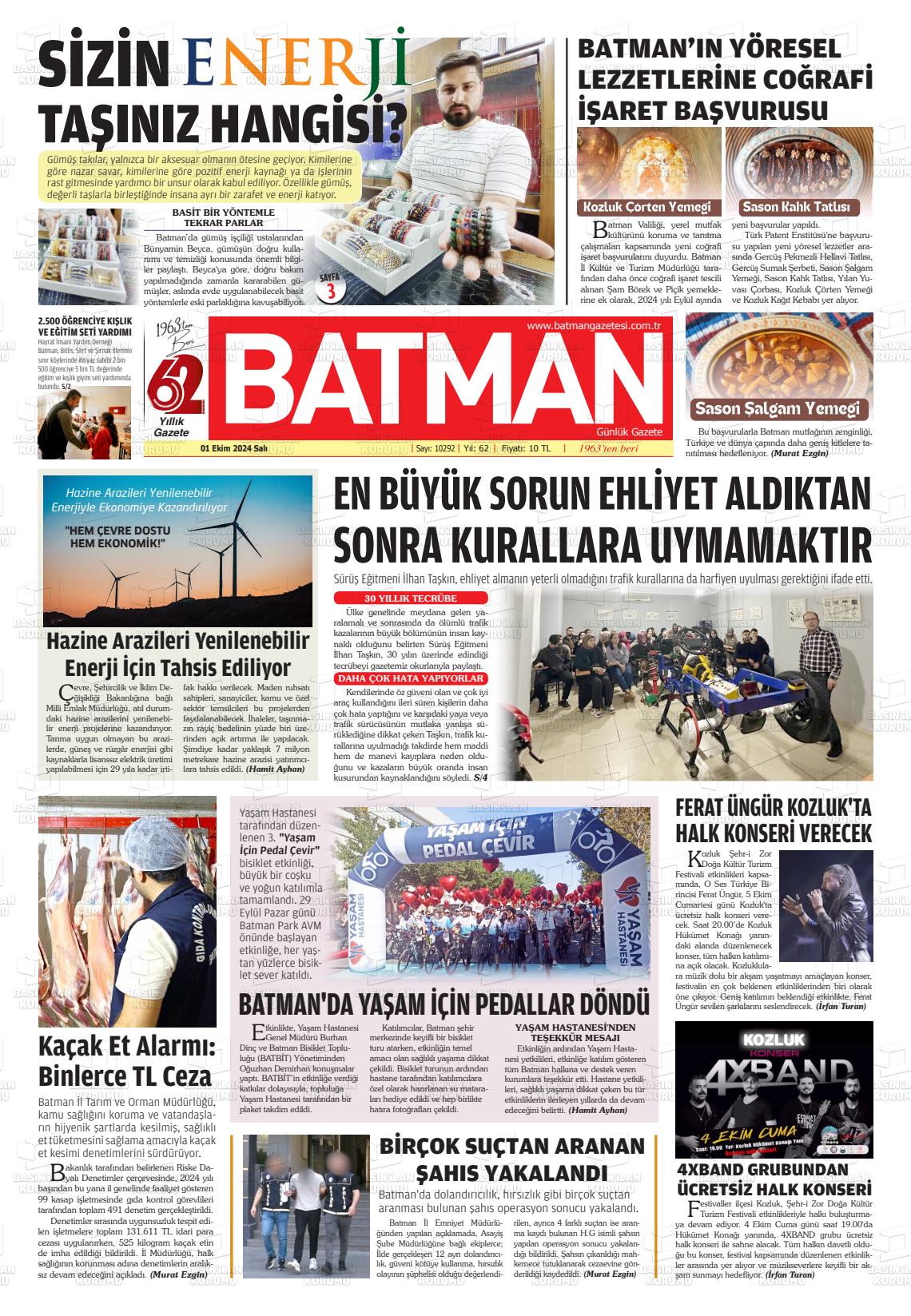 01 Ekim 2024 BATMAN GAZETESİ Gazete Manşeti