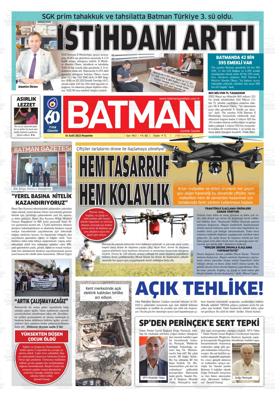 01 Eylül 2022 BATMAN GAZETESİ Gazete Manşeti