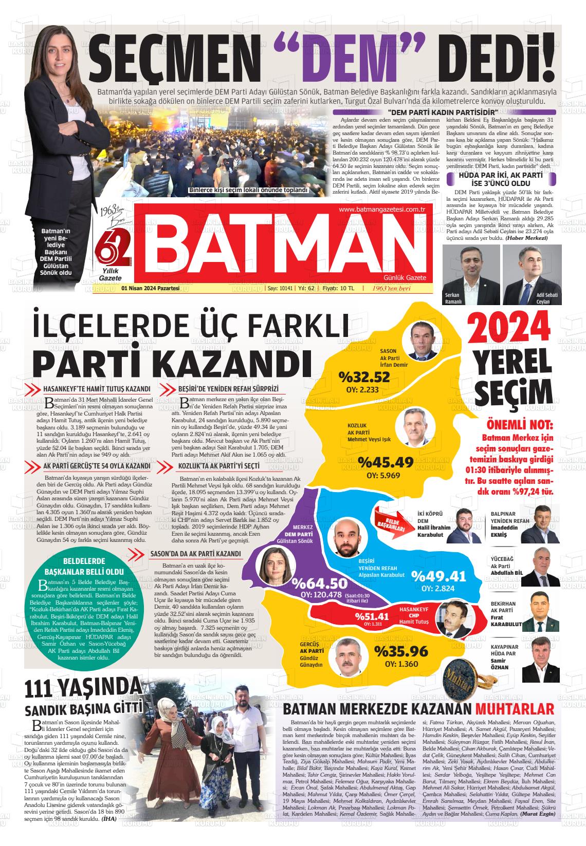 01 Nisan 2024 BATMAN GAZETESİ Gazete Manşeti