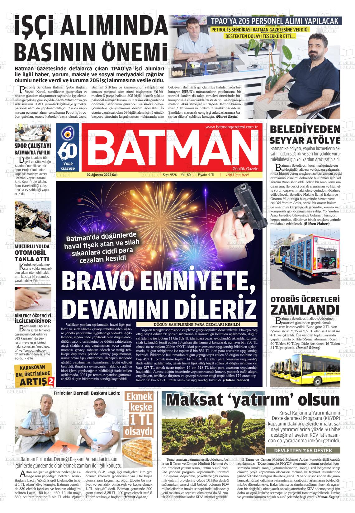 02 Ağustos 2022 BATMAN GAZETESİ Gazete Manşeti