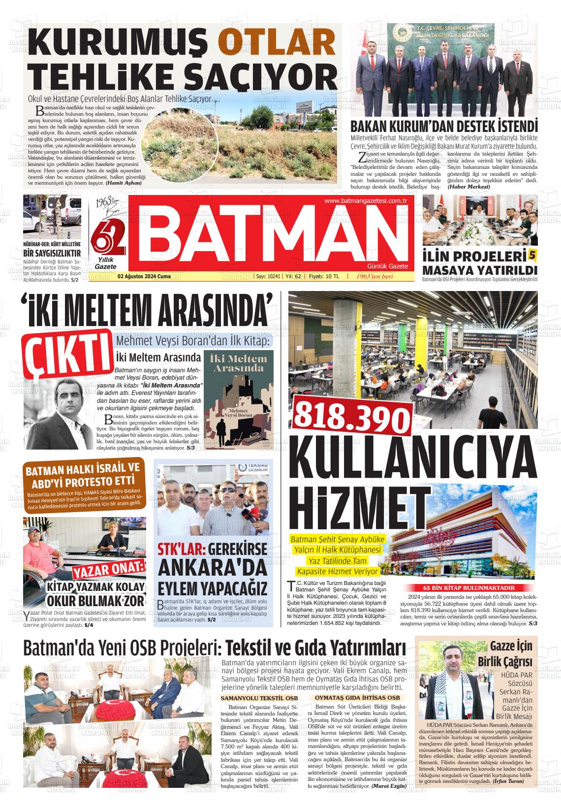 02 Ağustos 2024 BATMAN GAZETESİ Gazete Manşeti