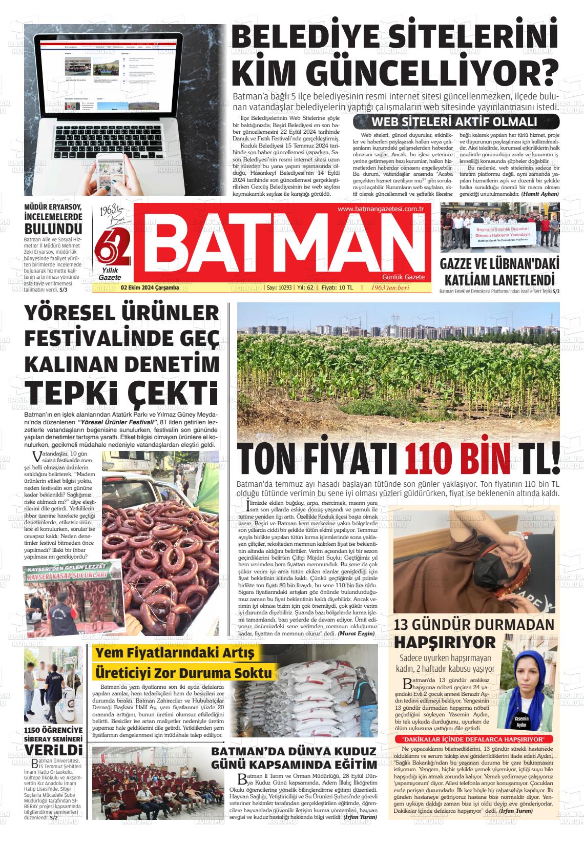 02 Ekim 2024 BATMAN GAZETESİ Gazete Manşeti