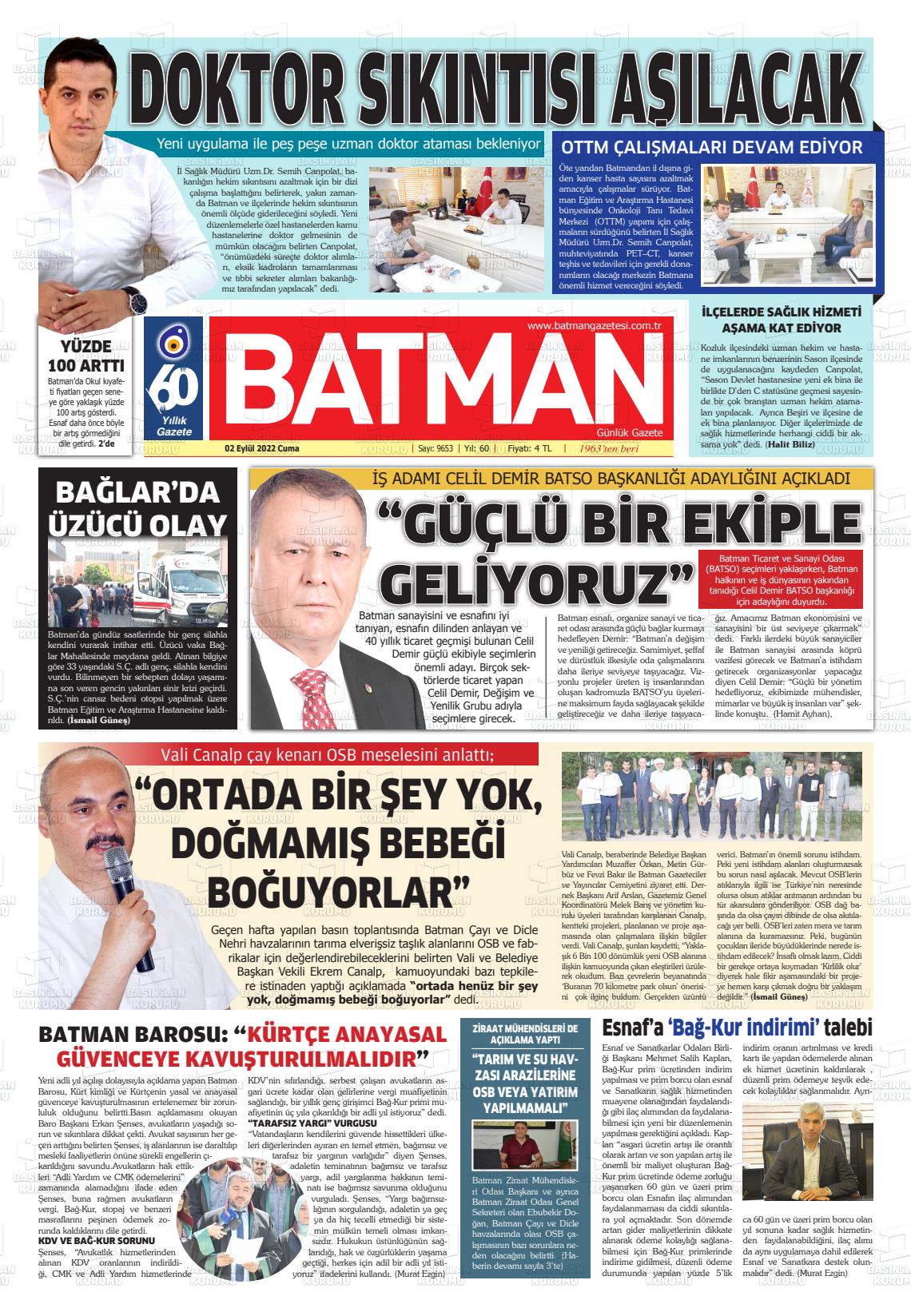 02 Eylül 2022 BATMAN GAZETESİ Gazete Manşeti