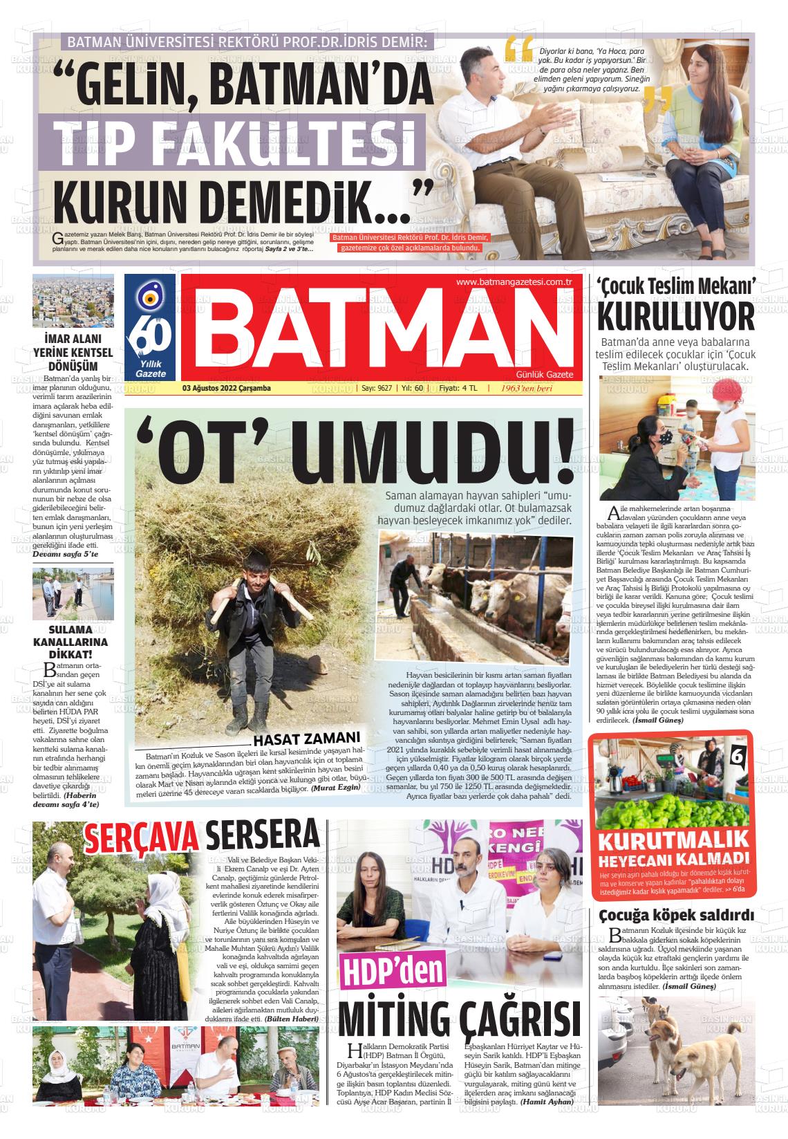 03 Ağustos 2022 BATMAN GAZETESİ Gazete Manşeti