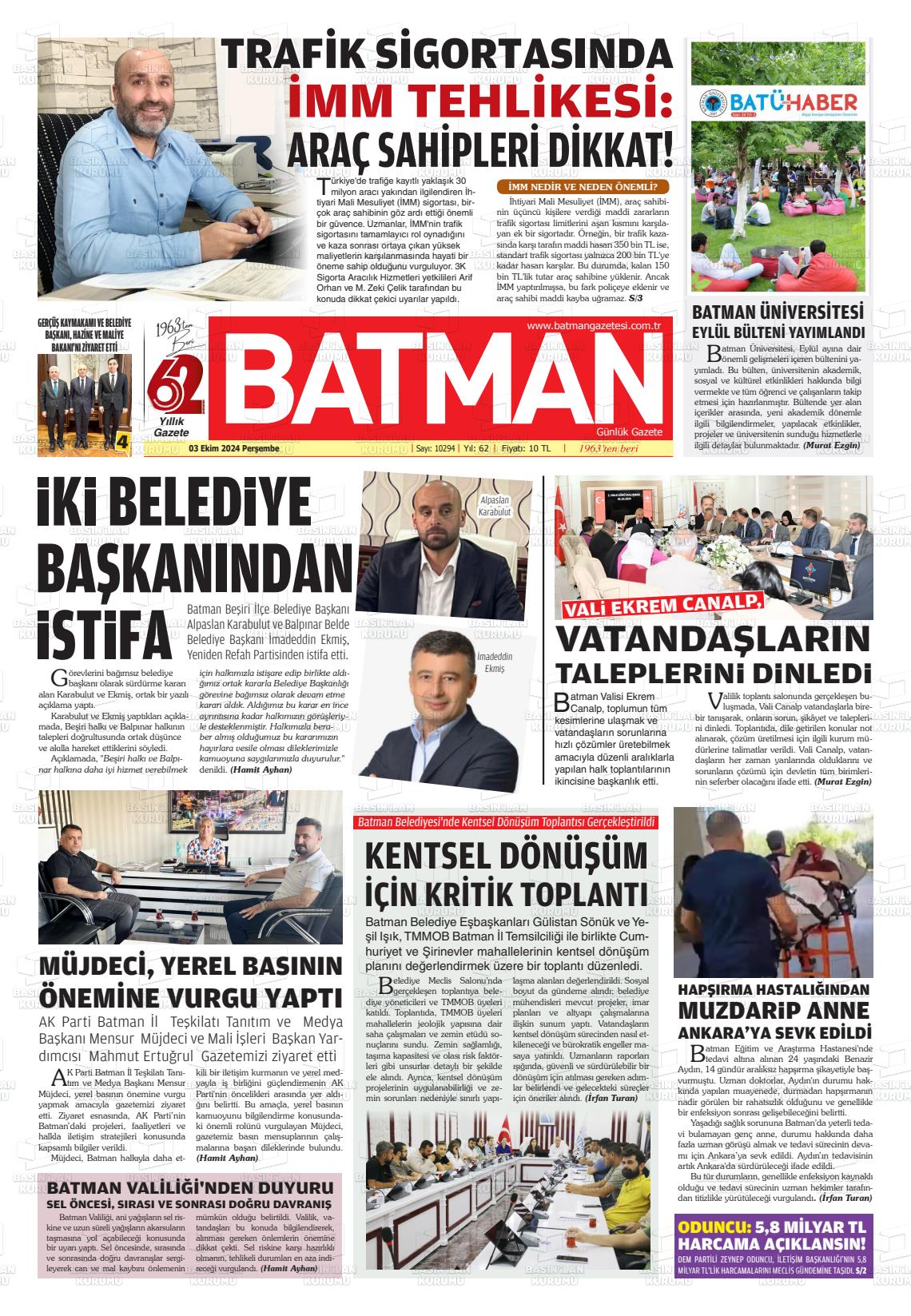 03 Ekim 2024 BATMAN GAZETESİ Gazete Manşeti