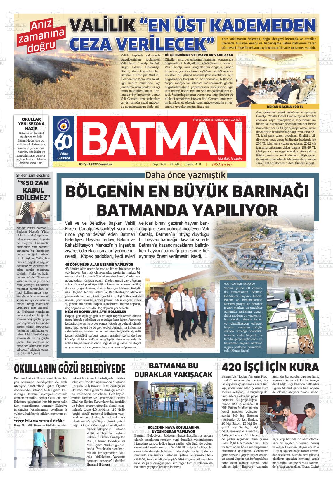 03 Eylül 2022 BATMAN GAZETESİ Gazete Manşeti